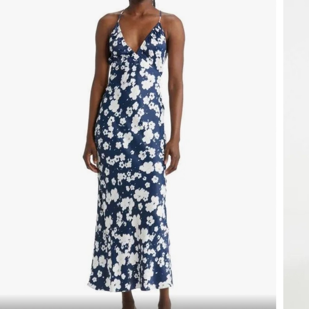 Open back satin blue floral midi dress!